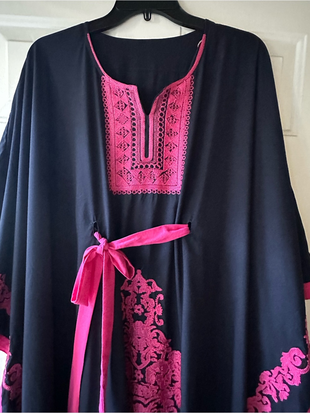 Elegant Navy Blue Butterfly Embroidered Plus Size Kaftan with Belt - Picture 3 of 6
